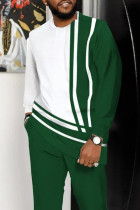 White Green Men's Casual Color Blocking Long Sleeve Walking Suit-165