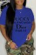 Blue Casual Print Letter O Neck T-Shirts