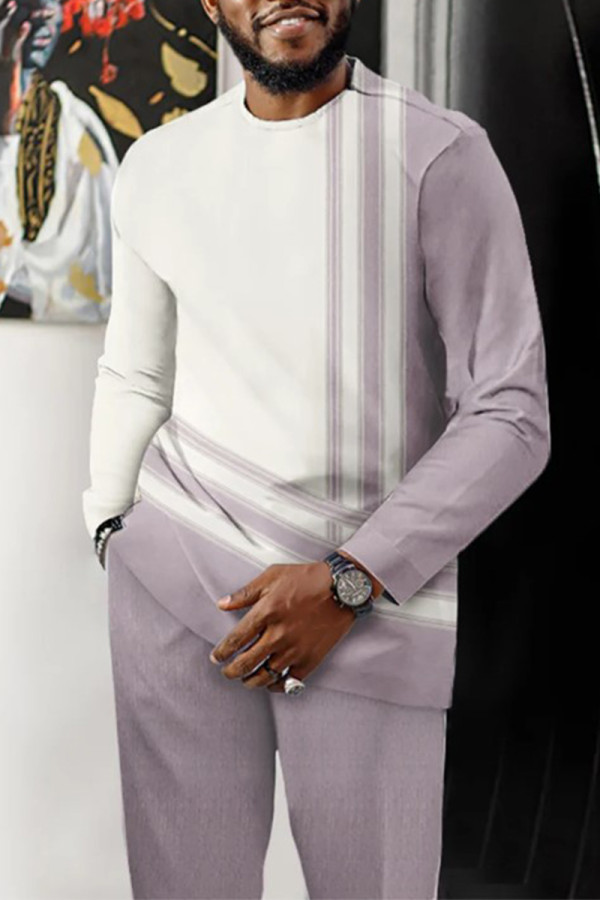 Pink Purple Men's Casual Color Blocking Long Sleeve Walking Suit-174