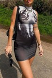 Black Sexy Print Basic O Neck Sleeveless Dress Dresses