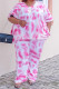 Pink Casual Work Street Tie Dye Pocket O Neck Plus Size Two Pieces