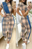 Khaki Casual Print Patchwork O Neck Short Sleeve Two Pieces
