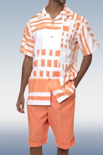White Orange Two Piece Short Sleeve Print Walking Suit Set With Shorts