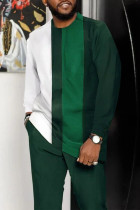 Green Men's Casual Color Blocking Long Sleeve Walking Suit-170