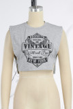 Grey Casual Print Hollowed Out Patchwork O Neck T-Shirts