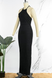 Black Sexy Casual Solid Bandage Backless Halter Long Dress Dresses