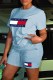 Light Blue Casual Print Letter O Neck Short Sleeve Two Pieces