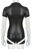 Black Sexy Street Simplicity Print Patchwork Zipper Reflective V Neck Skinny Rompers