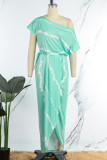 Red Sexy Casual Striped Print Patchwork Slit Oblique Collar Irregular Dress Dresses