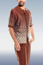 Red-brown Brown Criss-Cross Pattern Walking Suit Short Sleeve Set