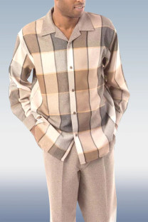 Khaki Long Sleeve Trousers Colorblock Check Two-Piece Walking Set