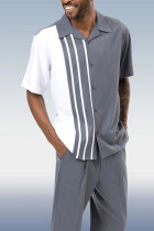 White Grey Vertical Stripes Short Sleeve Trousers Two-Piece Walking