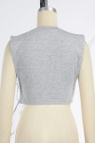 Grey Casual Print Hollowed Out Patchwork O Neck T-Shirts