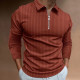 Brown Men's Waffle Solid Color Collar Patchwork Long Sleeve Zipper Shirt