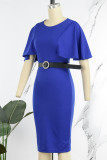 Royal Blue Casual Solid Patchwork With Belt O Neck One Step Skirt Dresses