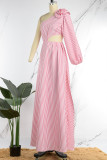 Pink Casual Striped Print Hollowed Out Backless Slit Oblique Collar Long Dress Dresses