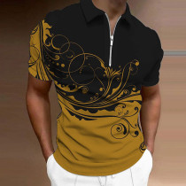 Yellow Men's Floral Graphic Prints Turndown Zipper Short Sleeves Polo Shirt