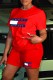 Red Casual Print Letter O Neck Short Sleeve Two Pieces