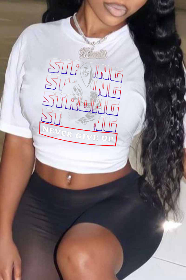 White Casual Daily Print Letter O Neck T-Shirts