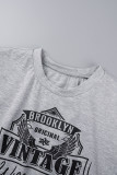 Grey Casual Print Hollowed Out Patchwork O Neck T-Shirts