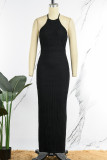 Black Sexy Casual Solid Bandage Backless Halter Long Dress Dresses
