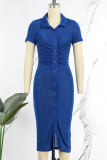 Blue Casual Solid Patchwork Fold Turndown Collar Short Sleeve Dress