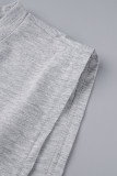 Grey Casual Print Hollowed Out Patchwork O Neck T-Shirts