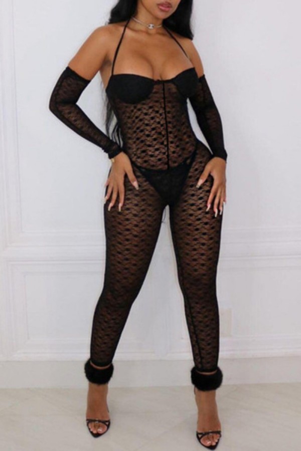 Black Sexy Solid Patchwork See-through Backless Halter Skinny Jumpsuits
