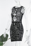 Black Sexy Patchwork Hot Drilling Hollowed Out O Neck Sleeveless Dress Dresses