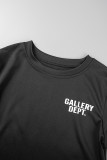 Black Casual Print Letter O Neck Short Sleeve Two Pieces