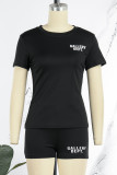 Black Casual Print Letter O Neck Short Sleeve Two Pieces