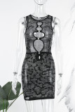 Black Sexy Patchwork Hot Drilling Hollowed Out O Neck Sleeveless Dress Dresses
