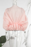 Pink Casual Solid See-through O Neck Tops