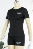 Black Casual Print Letter O Neck Short Sleeve Two Pieces
