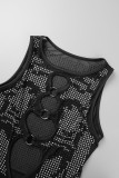 Black Sexy Patchwork Hot Drilling Hollowed Out O Neck Sleeveless Dress Dresses