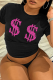 Black Street Print Patchwork O Neck T-Shirts