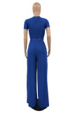 Blue Casual Work Street Solid Patchwork O Neck Short Sleeve Two Pieces