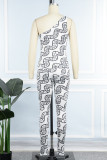 White Sexy Print Backless Oblique Collar Skinny Jumpsuits