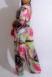 Colour Casual Sweet Street Print Patchwork Buttons Turndown Collar Half Sleeve Two Pieces