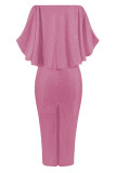 Pink Fashion Sexy Solid Patchwork Slit Off the Shoulder Evening Dress