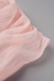 Pink Casual Solid See-through O Neck Tops