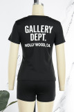 Black Casual Print Letter O Neck Short Sleeve Two Pieces
