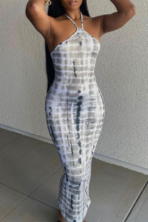 Grey Sexy Casual Street Print Frenulum Halter One Step Skirt Dresses