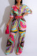 Colour Casual Sweet Street Print Patchwork Buttons Turndown Collar Half Sleeve Two Pieces