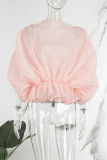 Pink Casual Solid See-through O Neck Tops