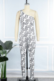 White Sexy Print Backless Oblique Collar Skinny Jumpsuits
