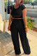 Black Casual Work Street Solid Patchwork O Neck Short Sleeve Two Pieces