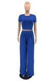 Blue Casual Work Street Solid Patchwork O Neck Short Sleeve Two Pieces