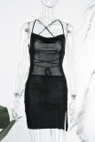 Black Sexy Solid Backless Slit Spaghetti Strap Sleeveless Dress Dresses