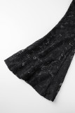 Black Sexy Street Solid Lace Cut Out Spaghetti Strap Regular Jumpsuits